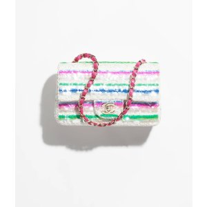 Chanel Mini Classic Handbag Embroidered Tweed, Sequins & Gold-Tone Metal White, Pink, Green & Blue