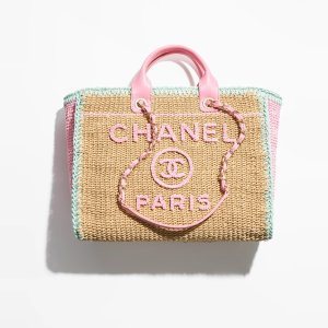 Chanel Large Shopping Bag Cotton Crochet & Gold-Tone Metal Beige, Pink & Light Green