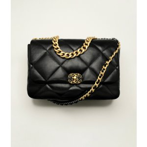 Chanel 19 Maxi Handbag Shiny Lambskin, Gold-Tone, Silver-Tone & Ruthenium-Finish Metal Black