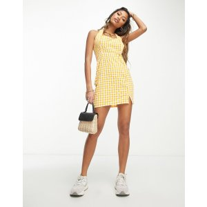 ASOS DESIGN halter knot detail mini sundress in orange gingham
