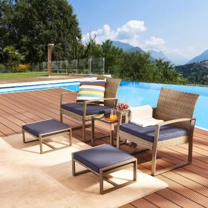 5-Piece Wicker Patio Conversation Seating Set with Blue Cushions