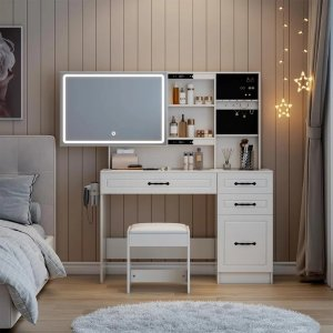 Breandra 45" Makeup Vanity Table Set with Sliding & LED Lighted Mirror, Storage Dresser