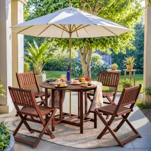 Acacia Wood 5-Piece Dining Set, Folding Round Table with Umbrella Hole, Wheels and Stowable Dining Chairs