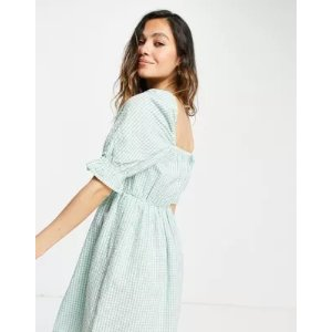Only puff sleeve mini dress in green gingham