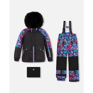 Two Piece Snowsuit In Black With Abstract Flower Print