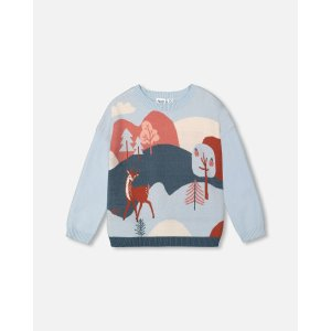 Jacquard Sweater Blue Sky With Forest Fawn Pattern