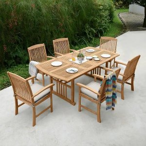 Cambridge Casual Chignik 7-piece Teak Patio Extendable Dining Set - Plantation Teak/Beige Cushion