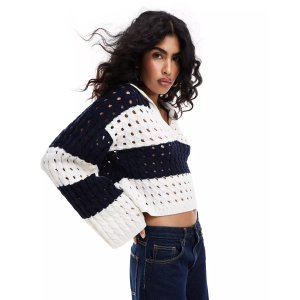 Miss Selfridge striped open stitch crochet long sleeve polo sweater