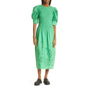 Ganni Eyelet Detail Puff Sleeve Organic Cotton Midi Dress