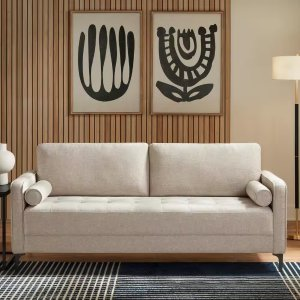 StyleWell Goodwin Mid-Century Modern Square Arm Fabric Sofa with Throw Pillows in Sand Beige (75.6 in. L)