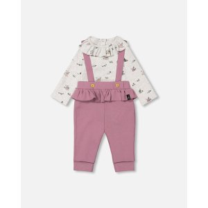 Organic Cotton Printed Onesie And Suspender Pant Set Mauve And Beige Little House Print