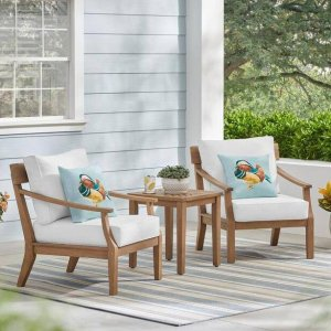 Woodford 3-Piece Eucalyptus Wood Square Outdoor Bistro Set with CushionGuard Bright White Cushions