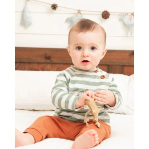 Organic Cotton Printed Top And Pants Set Sage Green Stripe And Mocha
