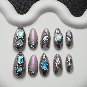 SHEIN 10pcs/Bag Almond Shaped Full Cover Handmade Diy Artificial False Nails With Irregular Metal Design And Black Shell, Suitable For Daily Use And Parties, Comes With A Tool Kit, In Y2k Baroque Style For Women Press On Nails Nail Supplies | SHEIN USA