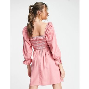 New Look 3/4 sleeve square neck shirred frill mini dress in pink