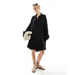 ASOS DESIGN double cloth oversized shirt dress with dropped pockets in black