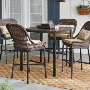 Hampton Bay Beacon Park 5-Piece Brown Wicker Outdoor Patio High Dining Set with CushionGuard Toffee Trellis Tan Cushions