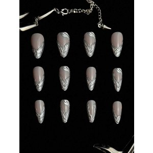 SHEIN Instantly Upgrade Your Look With 24pcs Modern Minimalist Daily Punk Street Personality Retro Machinery 3d Three-Dimensional Wave Decoration Silvery French The Spice Girls Medium Almond For Women And Girls Press On Nails Nail Supplies | SHEIN USA