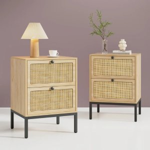 Boho Natural Rattan 2-Drawer Nightstand (Set of 2)
