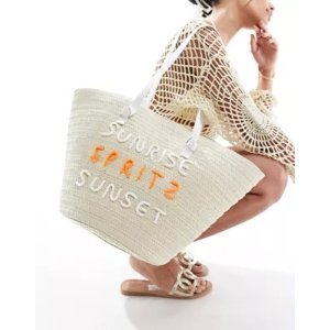 South Beach straw basket shoulder bag with embroidered detail