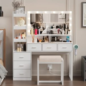 Kelila Makeup Vanity Desk with Lighted Mirror and Charging Station