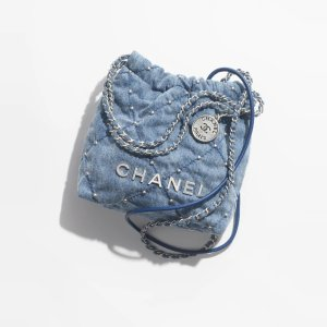Chanel 22 Mini Handbag Washed Denim & Silver-Tone Metal Blue