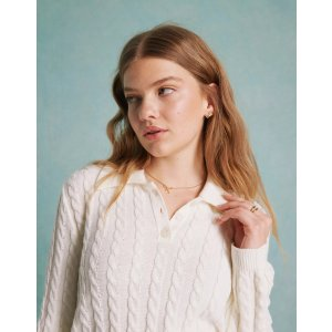 Miss Selfridge collar detail cable knit polo top in cream
