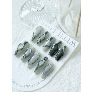 SHEIN 10pcs Gothic Style Medium-Long Baroque Grey False Nails, Wearable For Daily Use, Comes With 1pc Jelly Glue And 1pc Nail File Press On Nails Nail Supplies