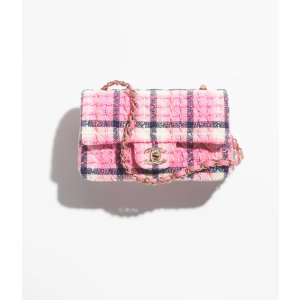 Chanel Mini Classic Handbag Cotton & Wool Tweed & Gold-Tone Metal Pink, Navy Blue & White