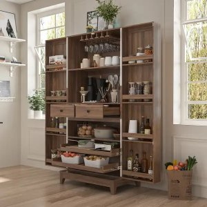 Multifunctional Kitchen Cabinetand Wine Cabinet Wine Glass Rack Pantry - Brown Wood