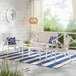 Hampton Bay Beach Haven Shell White 4-Piece Sling Outdoor Patio Conversation Seating Set