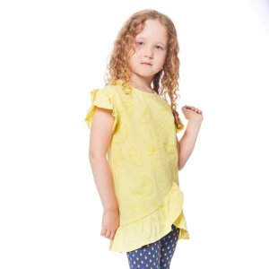 Organic Cotton Short Sleeve Glitter Graphic Tunic With Frill Yellow