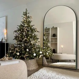 32 in. W x 71 in. H Oversized Arch Wood Full Length Black Wall Mounted Standing Mirror Floor Mirror