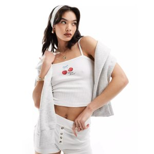 PULL&BEAR cherry graphic cami in white