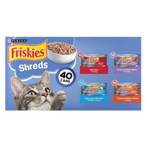 Friskies Shreds Beef, Turkey, Whitefish, and Chicken & Salmon Wet Cat Food Variety Pack, 5.5 oz., Count of 40