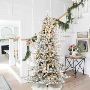 Glitzhome 6FT/7.5FT/9FT/11FT Snow Flocked Pre-lit Artificial Fir Christmas Trees