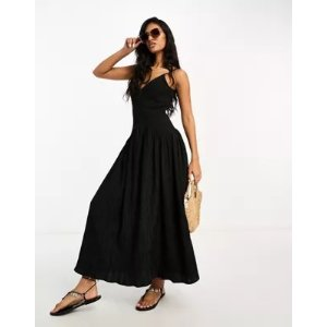 full skirt midi crinkle sundress in black
