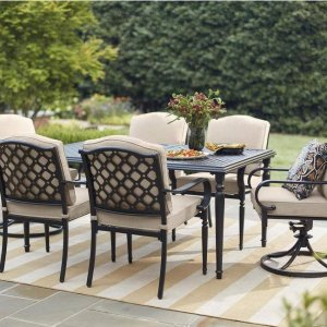 Hampton Bay 6-Pack Laurel Oaks Brown Steel Outdoor Dining Chairs with CushionGuard Putty Tan Cushions
