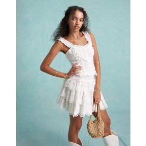 Miss Selfridge eyelet tiered rara mini skirt in ivory