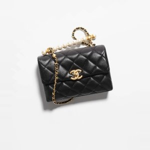 Chanel Mini Flap Bag with Top Handle Shiny Lambskin, Imitation Pearls & Gold-Tone Metal Black