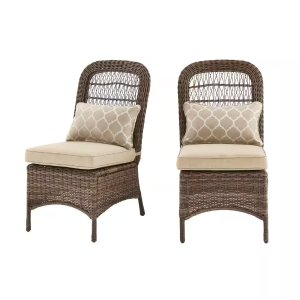 Hampton Bay Beacon Park Brown Wicker Outdoor Patio Armless Dining Chair with CushionGuard Toffee Trellis Tan Cushions (2-Pack)