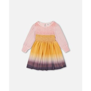 Gradient Chiffon Dress With Smocking Pink And Gold