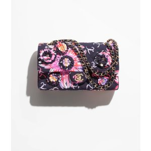 Chanel Flap Bag Printed Fabric & Gold-Tone Metal Black & Multicolor