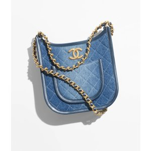 Chanel Hobo Handbag Washed Denim & Gold-Tone Metal Blue