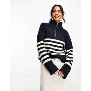 relaxed sweater with zip collar in stripe