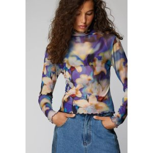 Printed Mesh High Neck Top