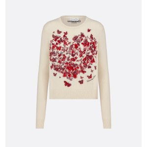 Dior Embroidered Sweater Ecru and Red Cashmere Knit with Le Coeur des Papillons Motif