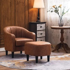 Mcombo Accent Club Barrel Chair with Ottoman, Leather Arm Chair 4022 - Cognac