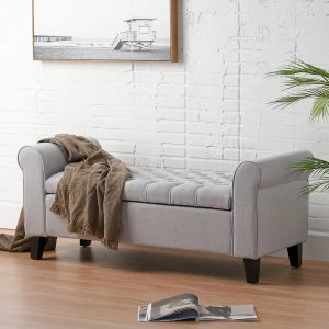 Keiko Contemporary Rolled Arm Fabric Storage Ottoman Bench by Christopher Knight Home - 50.00" L x 19.50" W x 20.50" H - Light Gray+Dark Brown