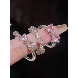 SHEIN 3pcs/Set Fashionable Y2k Style Bowknot, Heart Shaped Rhinestone Ring Set For Women, Suitable For Dating Or Party, Christmas, Valentine'S Day Gift, Everyday Wear | SHEIN USA